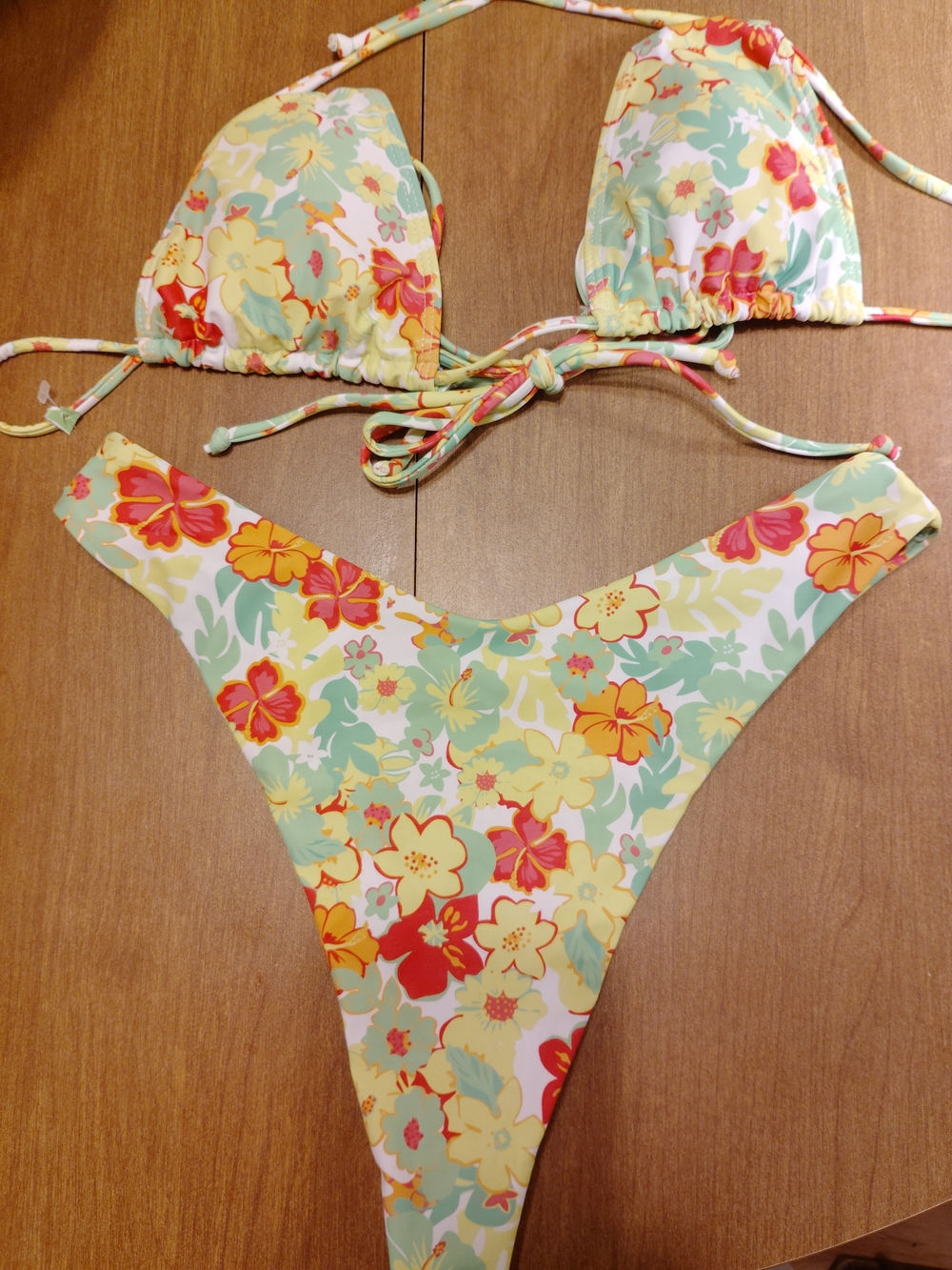 Floral Tie Triangle Bikini Set in Mint & Yellow